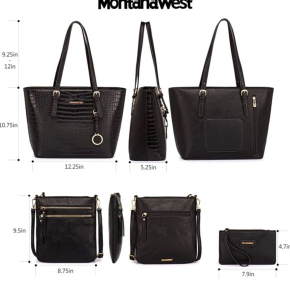 Black Montana West Totes Large Purse Shoulder Handbag with Wallet Set 3 Pcs - Picture 3 of 6
